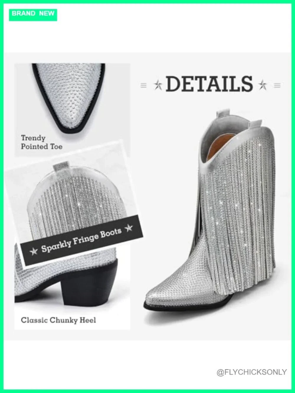 Mid Calf Cowboy Boots with Fringe and Rhinestones, Pointed Toe Chunky Heel,